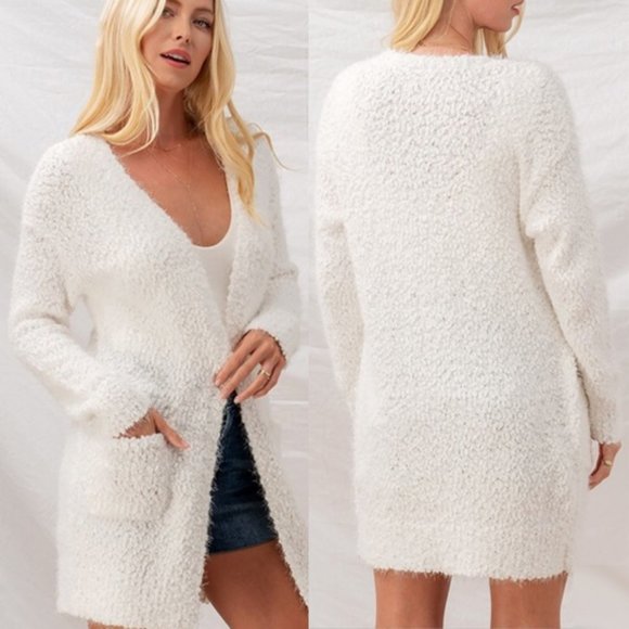 White Eyelash Popcorn Knit Long Cardigan Pockets - Picture 2 of 12